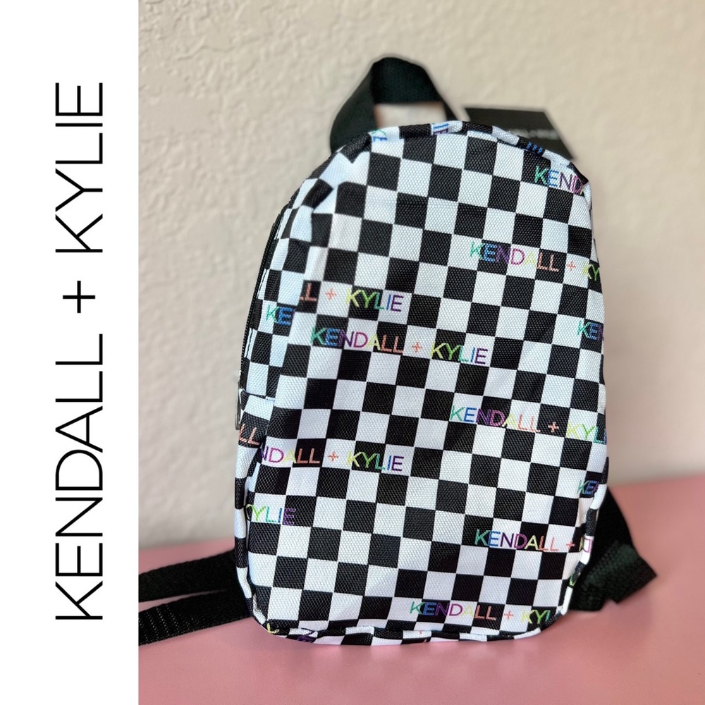 Kendall & Kylie Black and White Checkered Rainbow Logo Mini Backpack